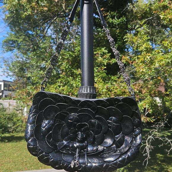 Brighton Black Leather Flower Appliqué Shoulder Bag - Picture 2 of 9